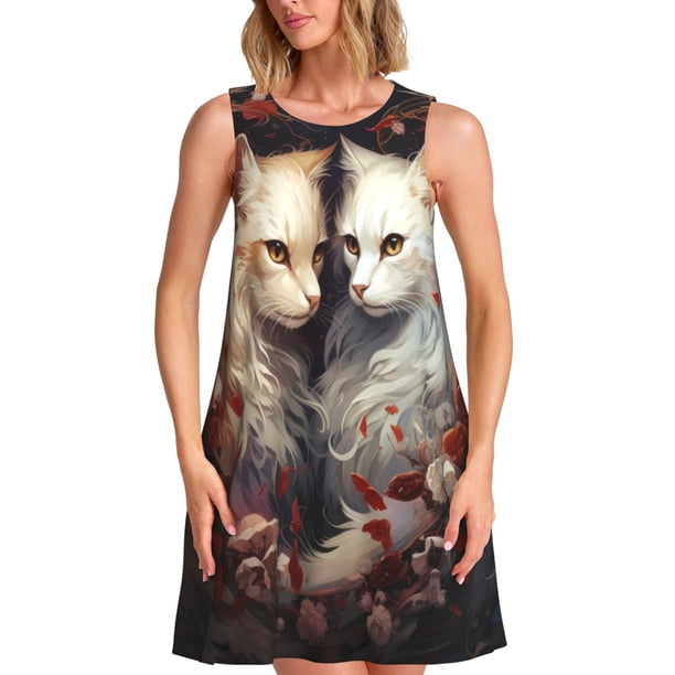 Disketp Flower Cat Couple para Vestido sin Mangas para Mujeres, Vestidos de Verano para Mujeres, Casual y Holgado para la Playa