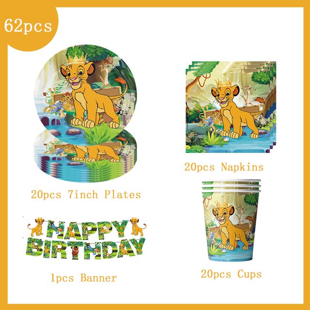 Disney-Decoración de cumpleaños del Rey León para niños, juego de vajilla, vasos de papel, platos, suministros de globos, tema de fiesta de Simba, dibujos animados