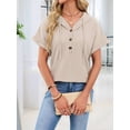thumbnail image 4 of Women Summer Tops Waffle Knit Short Sleeve Drawstring Hoodies Button V Neck Casual Blouses Shirts Color XL, 4 of 9