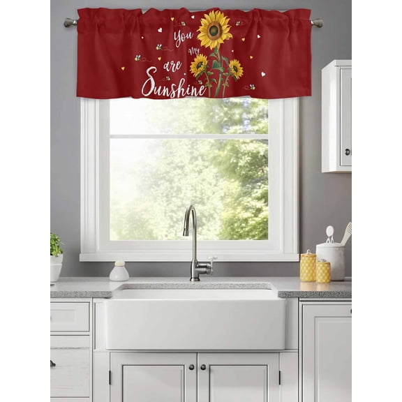 Farm Sunflower Floral Watercolor Red Valances for Windows,Kitchen Valance Rod Pocket Short Curtain,Bee You Are My Sunshine Valance Curtain Window Valances for Bedroom Living Room 42x12in