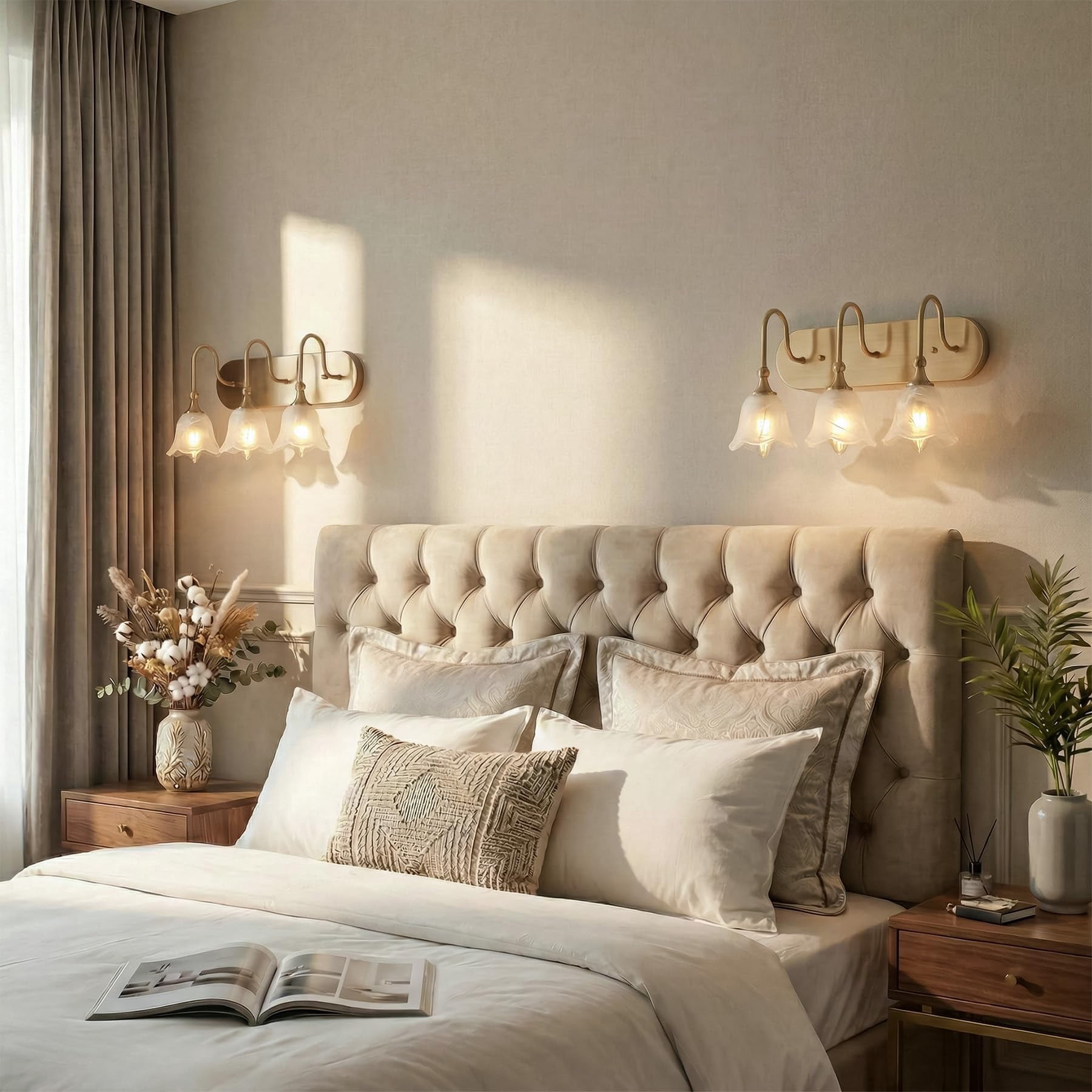Fnova 3-Light Gold Bathroom Light Fixtures, Modern Wall Lights with Petal-shaped Glass Shades, Wall Sconce Lamp for Mirror Bedroom (E12 Base)