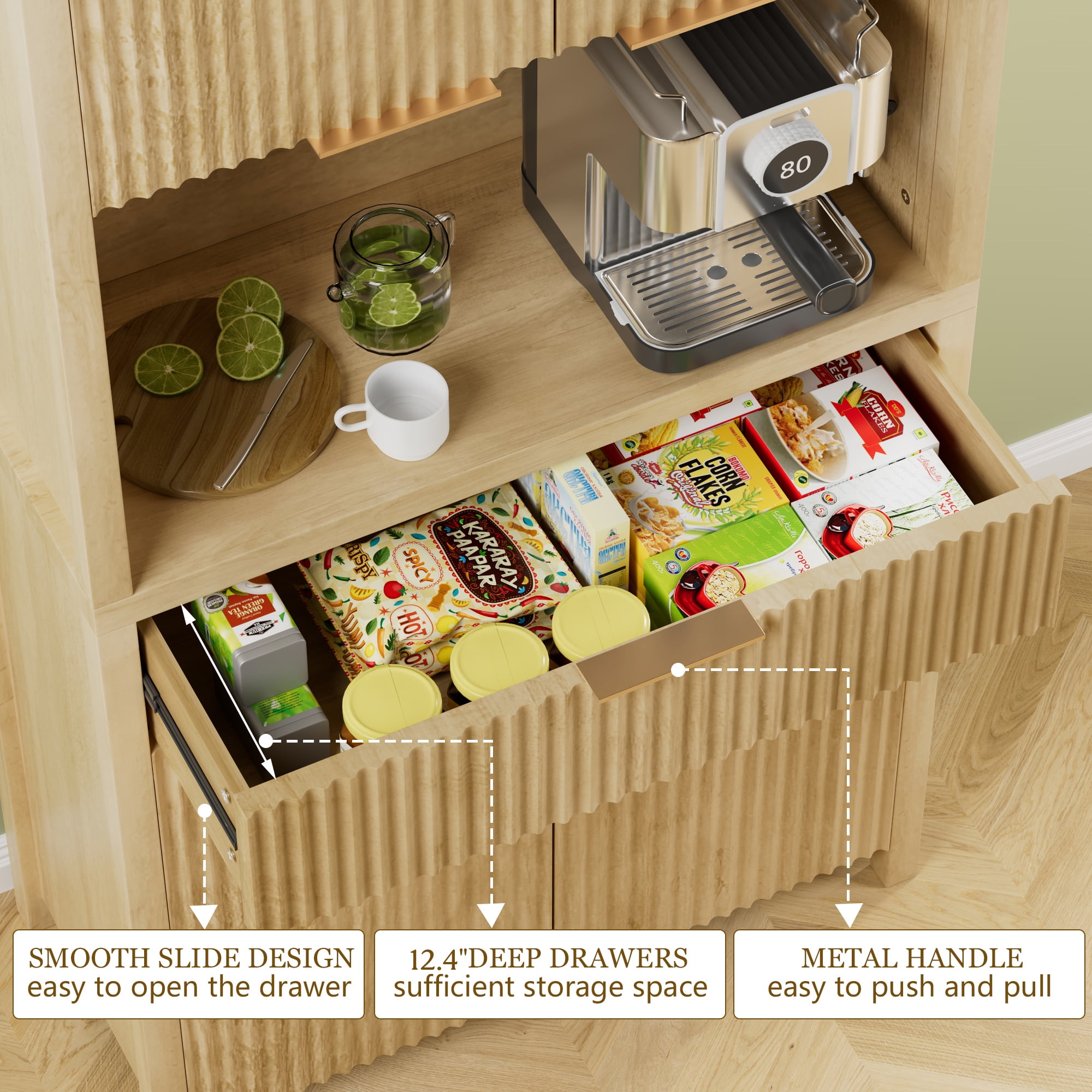 GIKPAL Pantry Cabinet with Charging Station, Fluted Kitchen Pantry Storage Cabinet with Shelves and Drawer, Boho Kitchen Hutch with Microwave Stand for Dining Living Room, Natural Oak