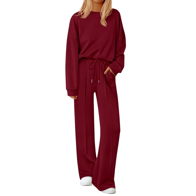 Conjunto Deportivo PRETTYGARDEN Rojo Vino 2 Piezas Sudadera y Pantalón Ancho M
