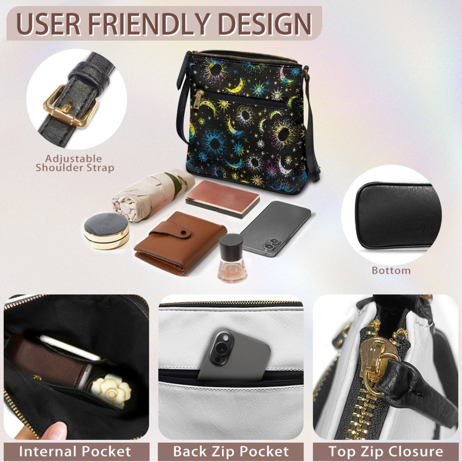 LedBack Sun Moon Crossbody Bags for Women Satchel Purse Hobo Bag with Adjustable Strap, Leather Shoulder Handbag Multi Pocket Messenger Bag for Travel Work, Black