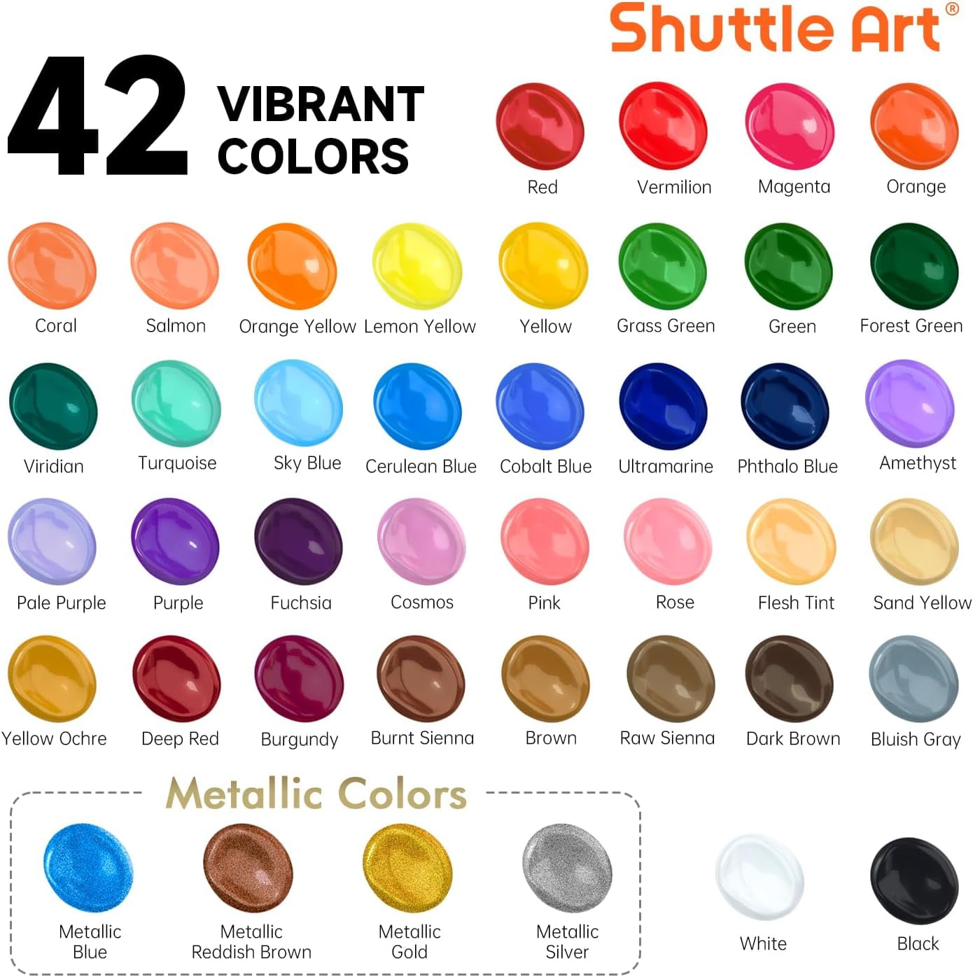 Shuttle Art Acrylic Paint, 42 Colors Acrylic Paint Set with 12 Paint Brushes, 2oz/60ml Bottles, Rich Pigmented, Water Proof, Premium Paints for Artists, Beginners