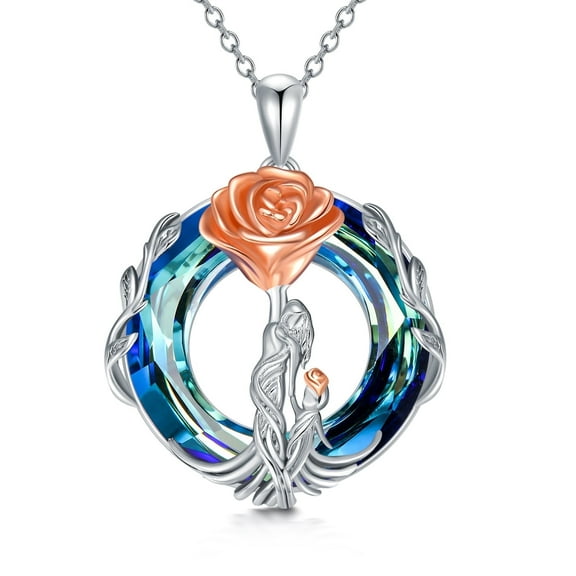 WINNICACA 925 Sterling Silver Rose Mother and 1 Daughters /Sons Necklace Mom Birthday Blue Crystal Jewelry Birthday Anniversary Mothers Valentines Day Gifts for Women