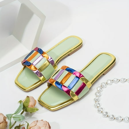 

Women s Multi Color Strappy Back Slide Sandals Casual Slip On Flat Shoes Lightweight Square Toe Slide Sandals