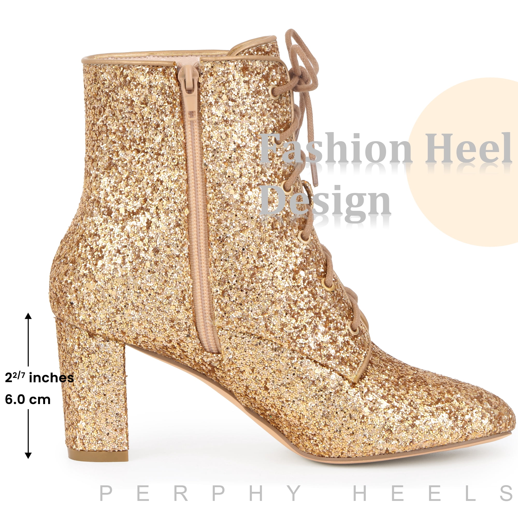 DARING DIVA Women's Square Toe Glitter Block Heels Ankle Boots Rose Gold 8