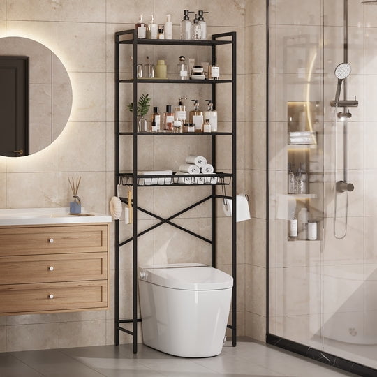 Aiho Over The Toilet Storage Shelf, 4-Tier Freestanding Bathroom Organizers and Storage, above Toilet Space Saver Rack with Adjustable Leg Pads, Toilet Paper Holder and 3-Hooks - Black