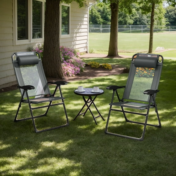 YYAo Folding Chair, Outdoor Lawn Chair,Outdoor Folding Chairs Set of 2 with Armrests and 7-Level Backrest-Gray