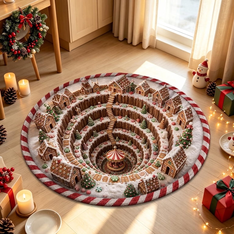 Kuokaa Christmas 3D Illusion Round Rug with Festive Tunnel Scene and ...
