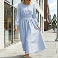 thumbnail image 3 of FRSASU Women's Long Sleeve Striped A Line Midi Dress Round Neck Smocked Elastic Waist Flowy Casual Daily Holiday Long Dress Blue, 3 of 8