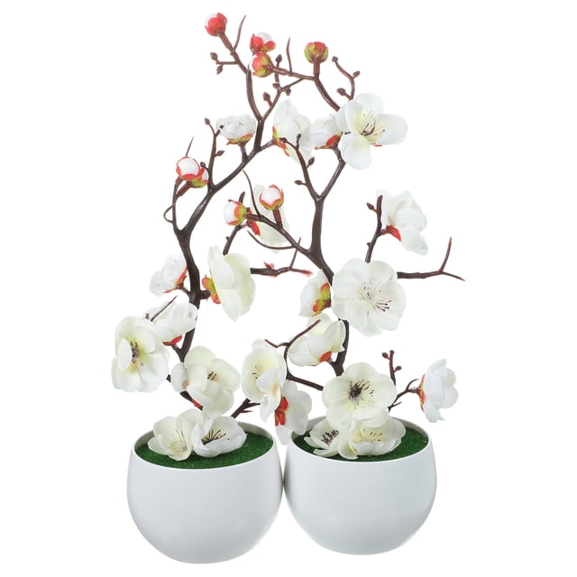 2 piezas de flores de ciruelo en maceta realistas, flores artificiales en maceta, flores falsas de bonsái