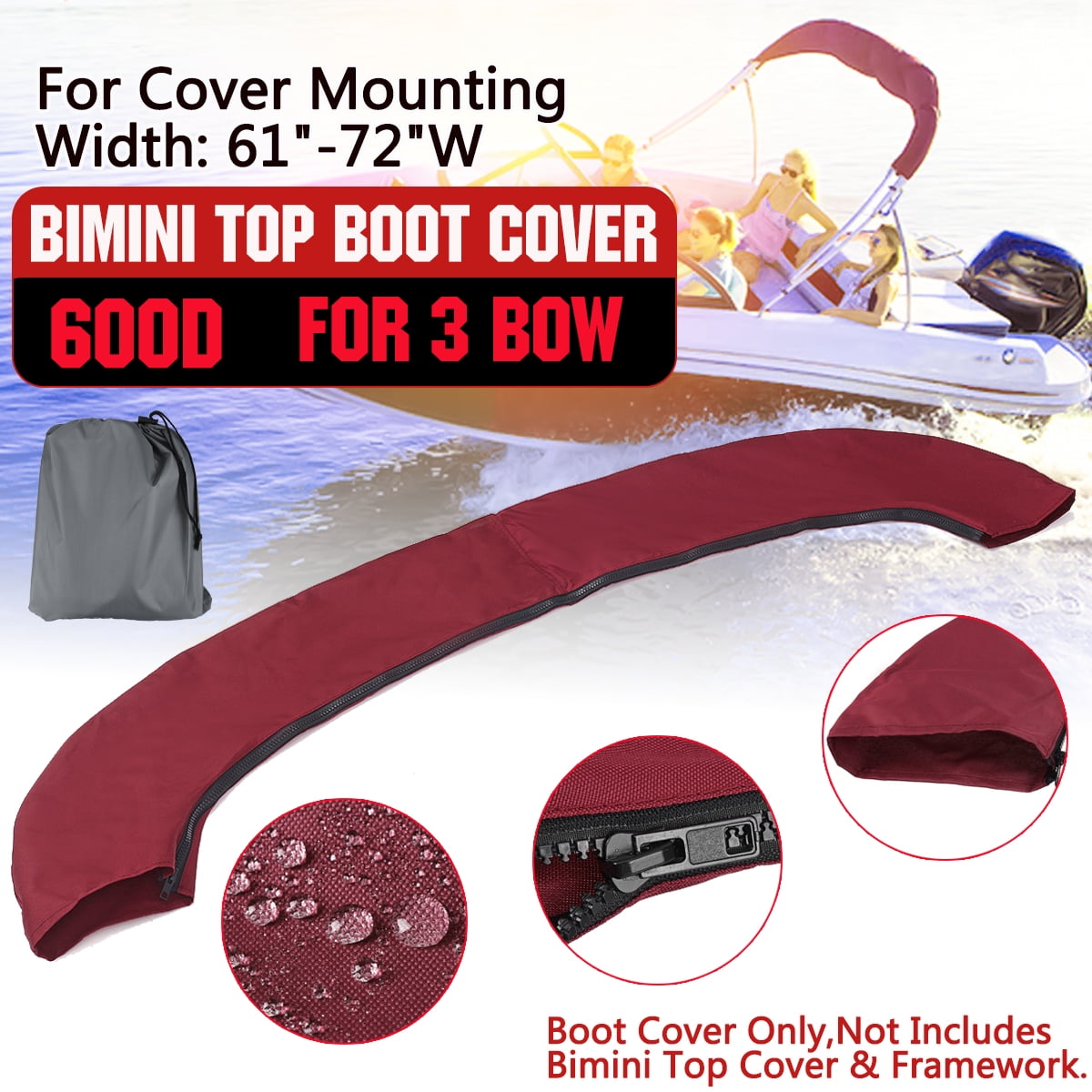 Red 600D 3 BOW Bimini Top Storage Boot Cover Storage Bag Sock Boat