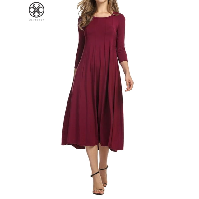 Vestido midi Luxtrada para mujer, liso, informal, básico, cómodo, holgado, con mangas 3/4 y corte A (rojo, XL)