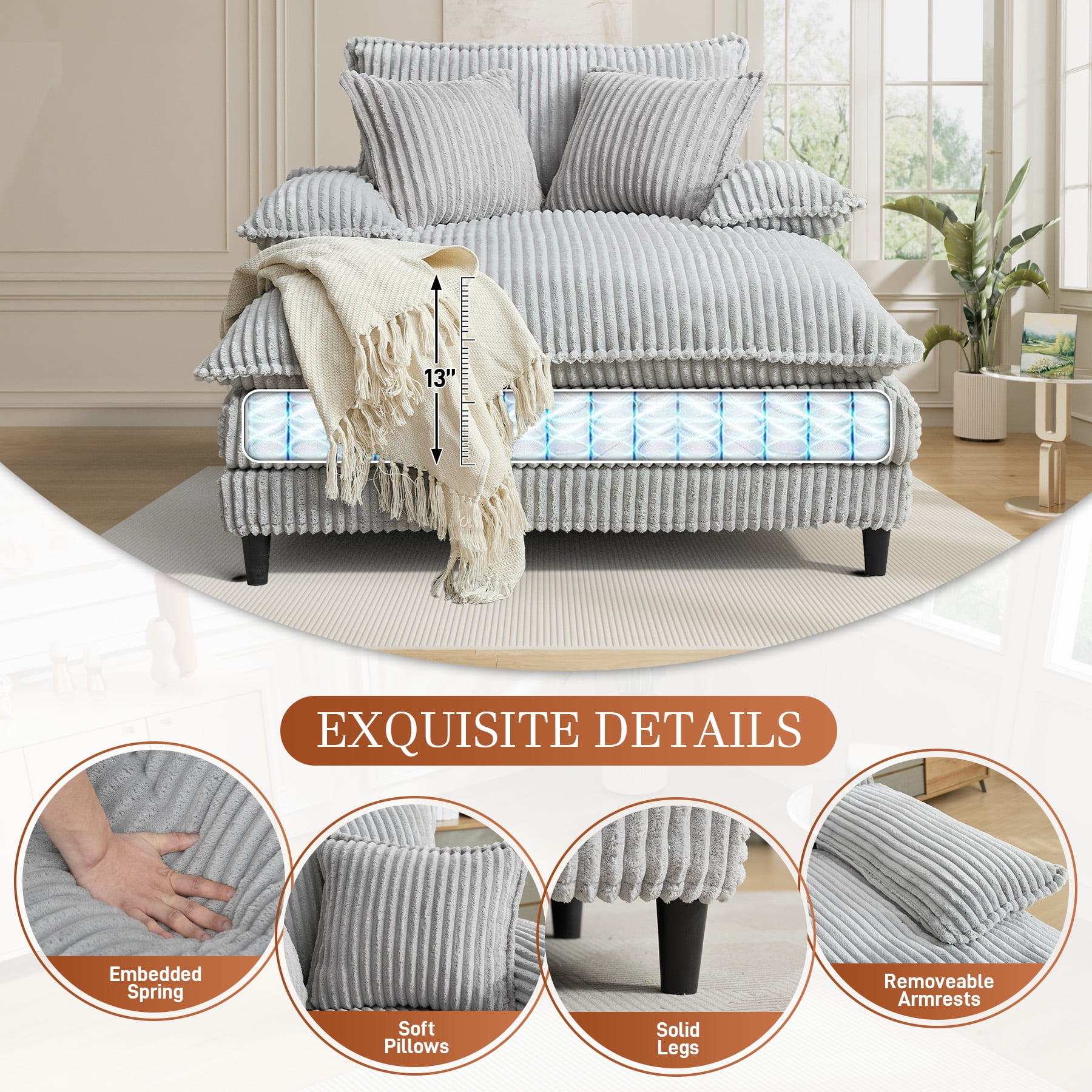 Rophefx Oversized Chaise Lounge with Adjustable Backrest,54.8" Cloud Sofa Bed with Deep Seat for Living Room,Grey