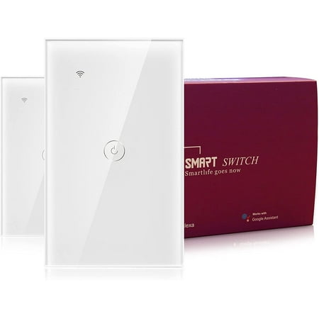 

BSEED Smart Light Switch 2.4GHz WiFi Smart in-Wall Light Switch 2 Pack Tempered Glass Touch Panel Work with Alexa/Google 118×71mm 1 Gang 1 Way White Neutral Wire Needed No Hub Required