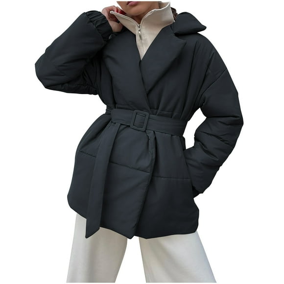 Besolor Women's Oversized Puffer Jackets Winter Stand Collar Long Sleeve Tie Waist Casual Quilted Coat with Pockets