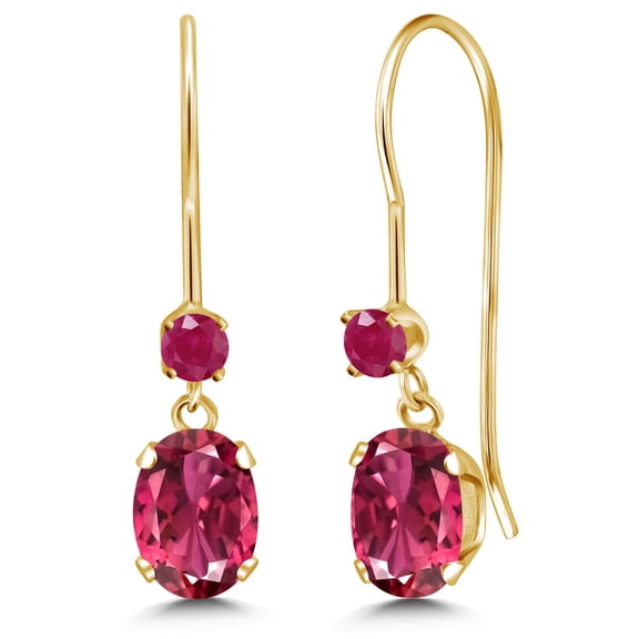 Gem Stone King 14K Yellow Gold Pink Tourmaline and Red Ruby French Wire Dangle Earrings for Women (1.24 Cttw, Gemstone October Birthstone, Oval 6X4MM and Round 2.5MM)