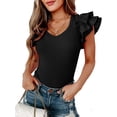 thumbnail image 3 of FOCUSNORM Women Ruffles Fly Sleeve Bodysuits Solid Color Knitted Ribbed V-Neck Skinny Rompers Summer Casual Playsuits, 3 of 9