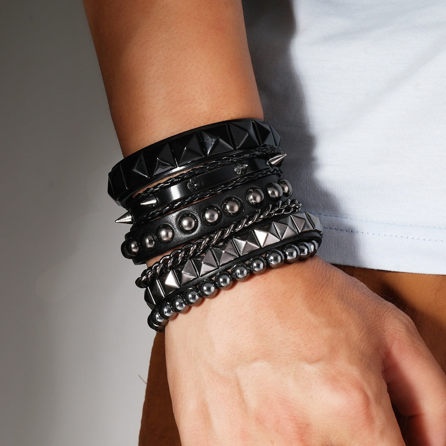 Mygeromon 4 pcs Punk Rock Leather Studded Bracelets for Men Women