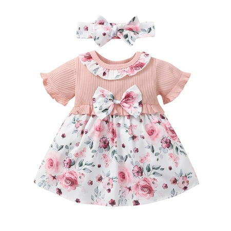 

Baby Girl Clothes Toddler Girls Short Sleeve Ribbed Floral Prints Dress Princess Dresses Headbands Set Summer Outfits Pink 110