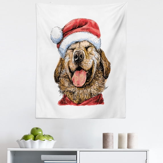 Labrador Tapestry, Funny Terrier Smiling in Xmas Dress Santa Clause Hat Celebration Theme, Fabric Wall Hanging Decor for Bedroom Living Room Dorm, 5 Sizes, Dark Coral Caramel, by Ambesonne