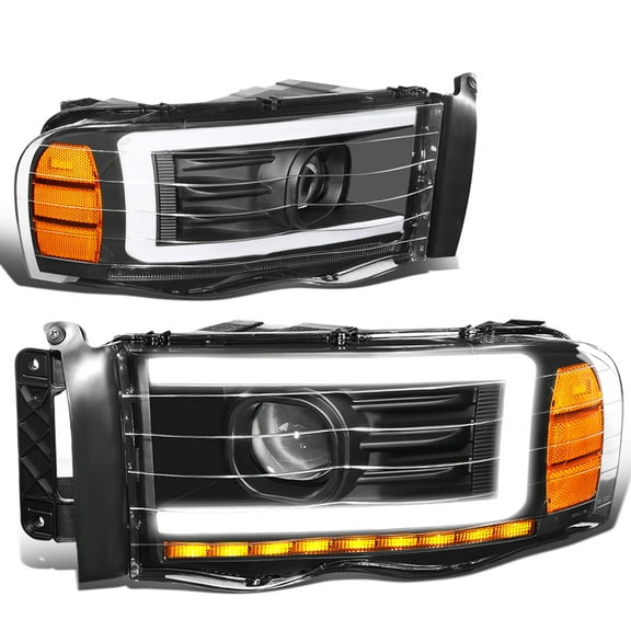 DNA Motoring HL-LB-DR02-BK-AM For 2002 to 2005 Dodge Ram 1500 2500 3500 Pair Black Housing Amber Corner LED DRL Sequential Turn Signal Projector Headlights