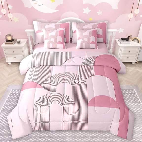 Manfei Geometric Lines Print 7-Piece Twin Bedding Sets,Retro Stripes Pattern Bedding Comforter Set,Girls Pink Circle Sheet Sets For Teens,Breathable Home Decor Reversible