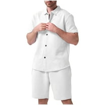 Stamzod Mens Vacation Outfits 2 Piece Summer Solid Color Short Sleeve Button Down Shirt and Shorts Outfits Daily Casual Loose Beach Short Sets for Men White L