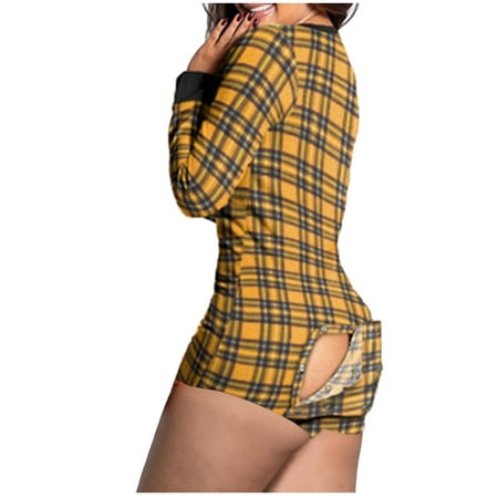

Deals of the Day Tarmeek Women s Sexy Deep V Neck Button-Down Butt Flap Pajamas Grid Printed Short Onesies Pajamas Stretch Long Sleeve One Piece Sleepwear Sexy Bodycon Bodysuit Jumpsuit Rompers