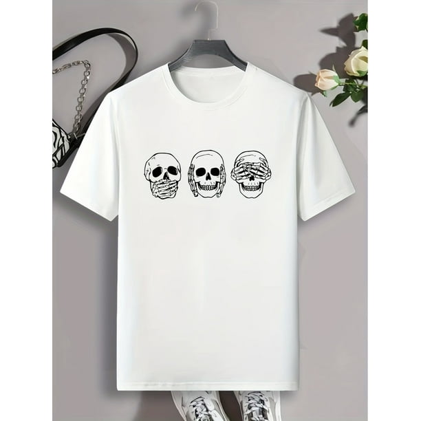 Men's Skull Print Round Neck Short Sleeve T-shirt, Gothic Casual Fashion Graphic Tee Loungewear Pajamas Top For Summer