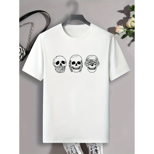Men's Skull Print Round Neck Short Sleeve T-shirt, Gothic Casual Fashion Graphic Tee Loungewear Pajamas Top For Summer