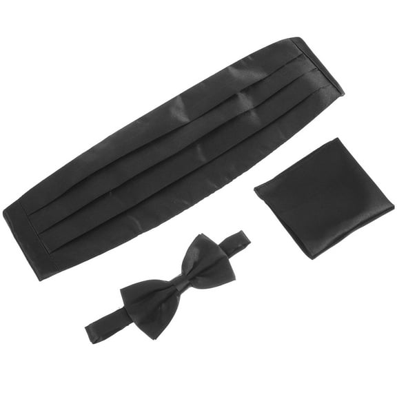 FRCOLOR 3pcs Men's Satin Bow Tie Cummerbund Handkerchief (Black)