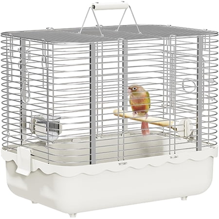 Bird Carrier Travel Cage, Durable Portable Stainless Steel Birdcage with Bird Perch & Feeding Bowl for Parrots Canaries Budgies Lovebirds Conures Cockatiels (Large White)