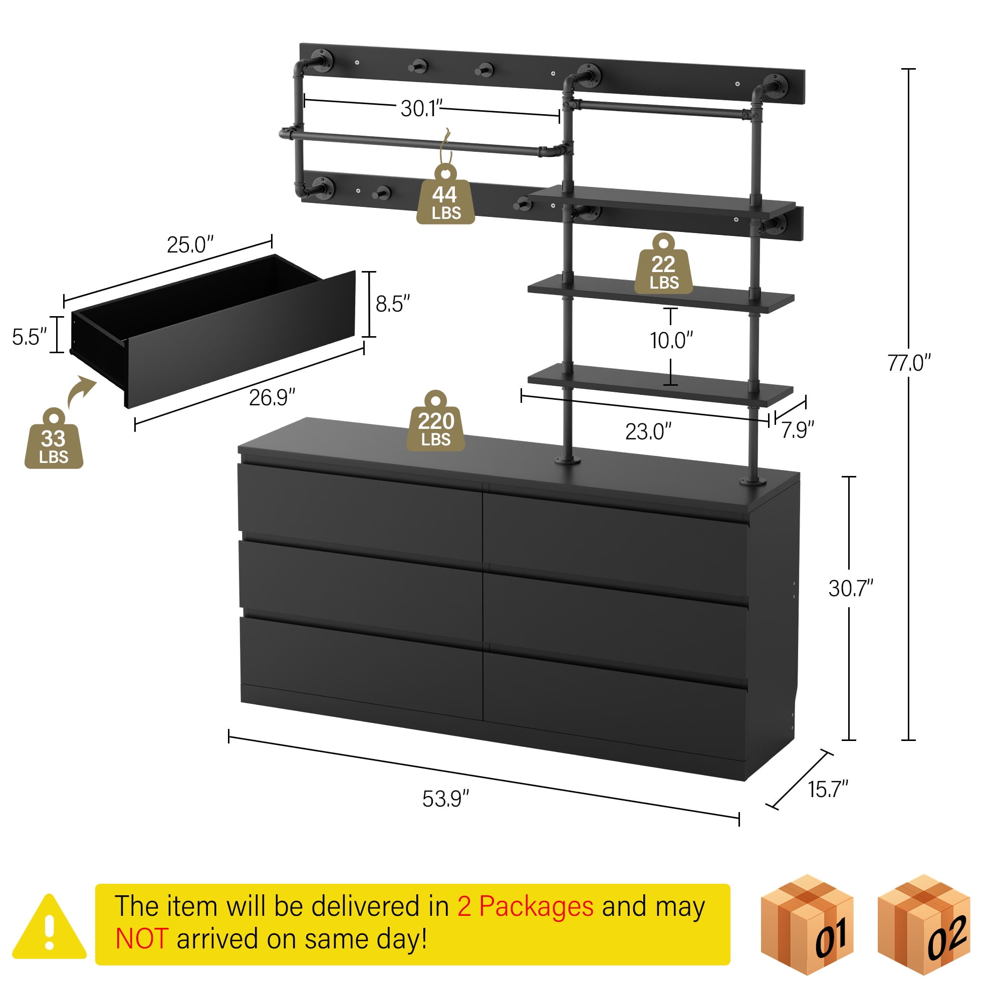 Aufeile Dresser for Bedroom, 77" Tall Dresser with 6 Drawer Chest of Drawers &Hanging Rack, Industrial Wood Dressers for Bedroom Adults, Large Closet Organizer Dresser, Black