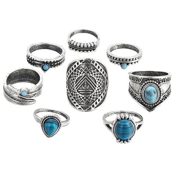 8 Piece Vintage Ring Set Gemstone Boho Finger Rings Women's Middle Finger Rings Openwork Engraved Rings Rhinestone Rings