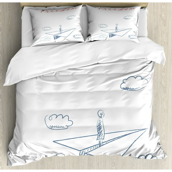 Adventure Duvet Cover Set, Flying Paper Plane in Hand Drawn Sketch Cartoon Style Freedom Text Clouds, Decorative 3 Piece Bedding Set with 2 Pillow Shams, King Size, Bluegrey Red White, by Ambesonne