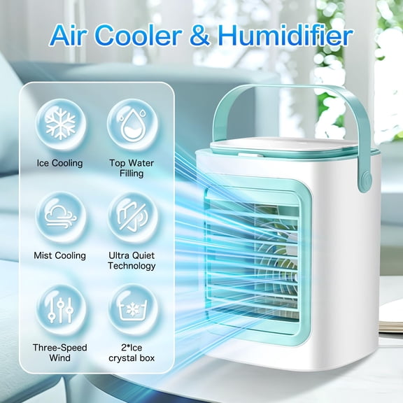 Portable Air Cooler, Portable Evaporative Air Cooler, Personal Air Cooler, Cooler Fan for Room, Compact Desktop Evaporative Cooling Flow Fan with Top Fill Water Tank, Built-In