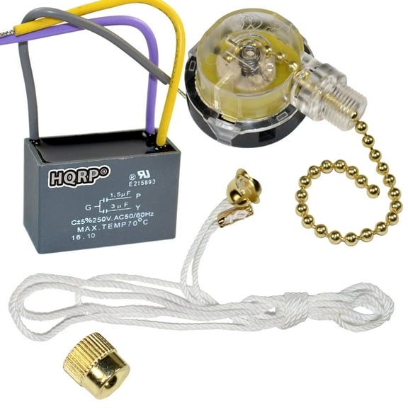 HQRP Kit Ceiling Fan Capacitor CBB61 1.5uf 3uf 3-Wire and 3-Speed Fan Switch