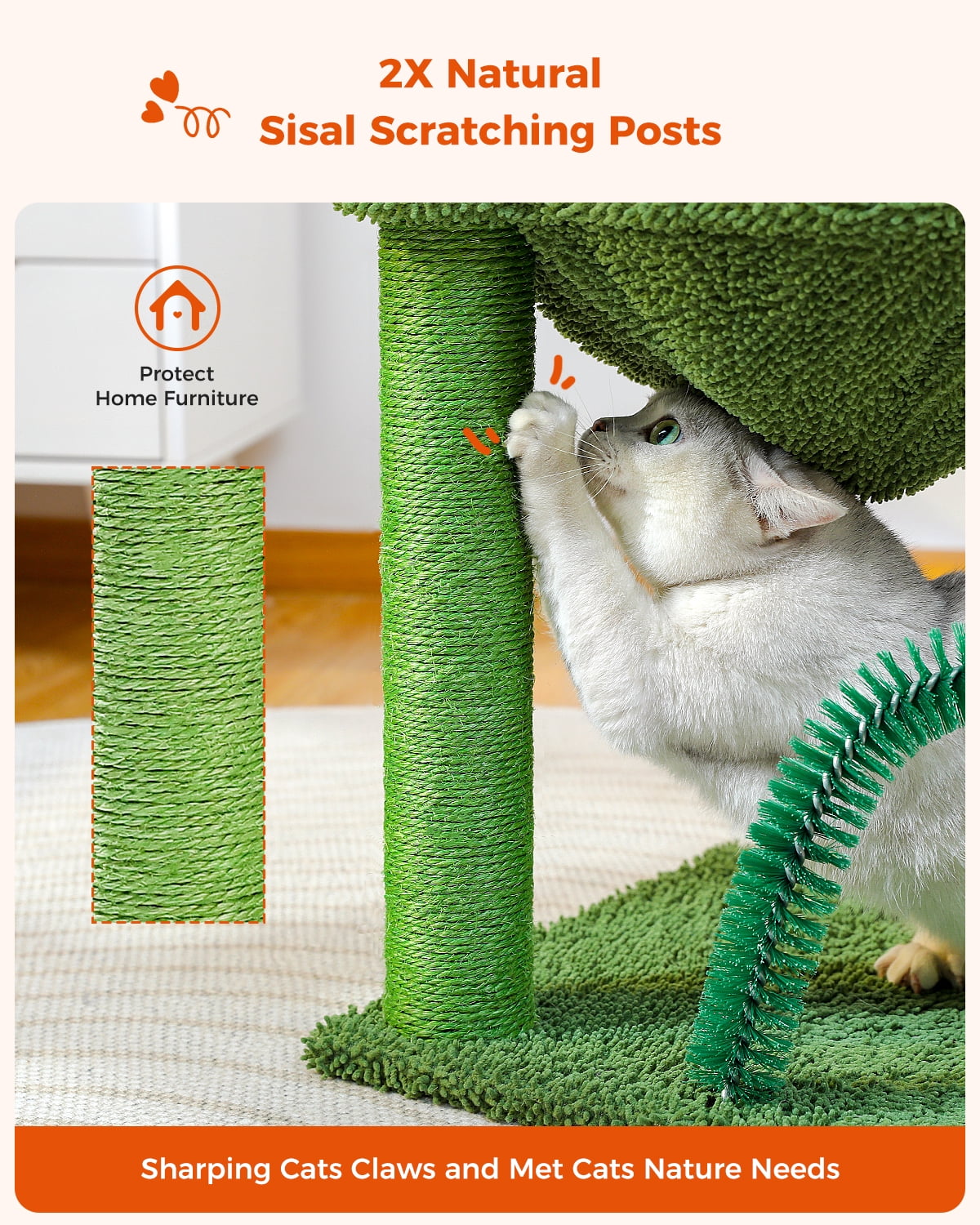 PAWZ Road 35" Cactus Cat Scratching Post with Pet Self Groomer and Hammock for All Indoor Cats Green