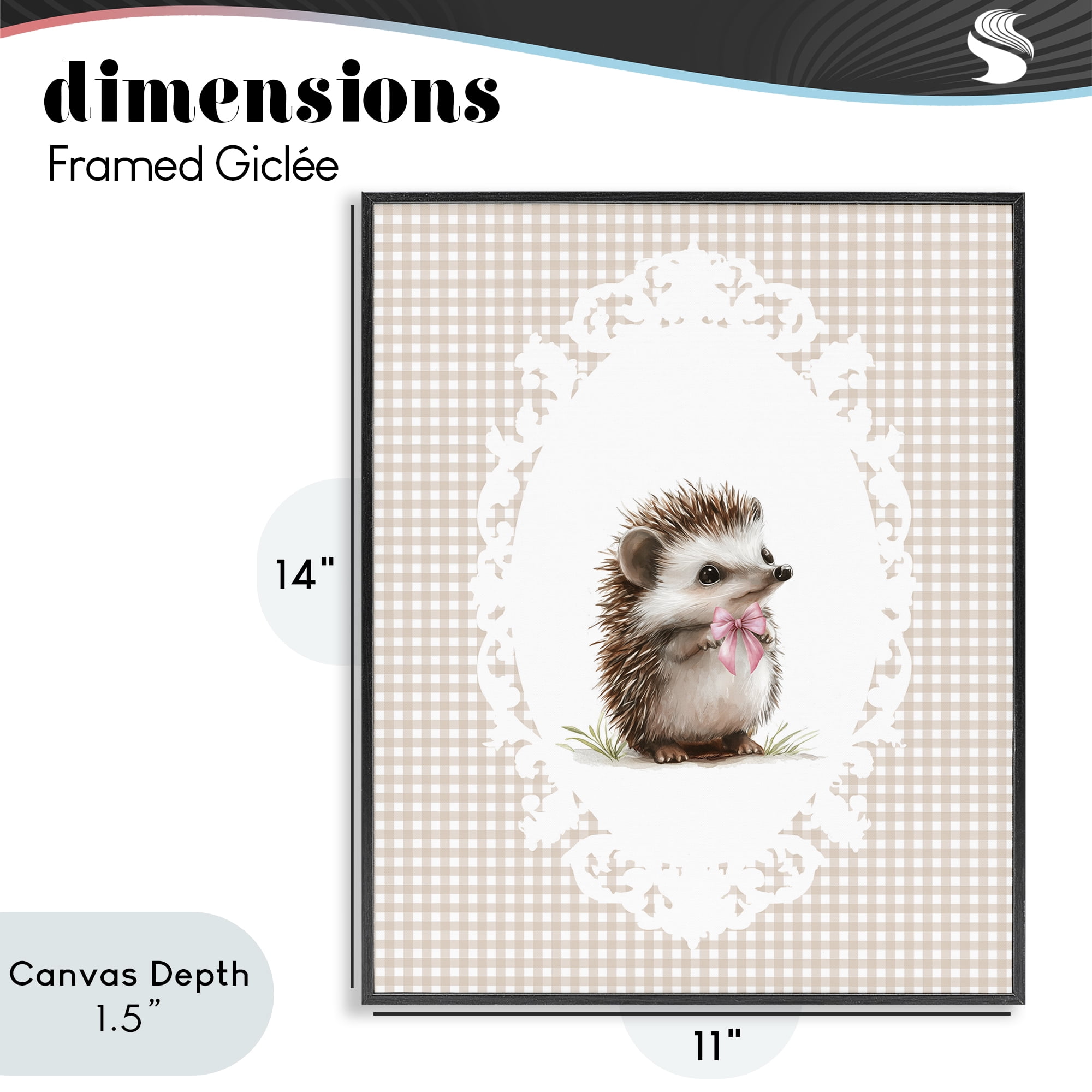 Stupell Industries Vintage Bow Hedgehog on Gingham Black Framed Giclee Art, design by Christine Simpson Art
