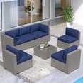 thumbnail image 2 of SOLAURA 7-Piece Outdoor Patio Furniture Sofa Set, Gray Wicker Rattan Sectional Sofa Conversation Set  with Glass Coffee Table and Cushions, Navy Blue, 2 of 7