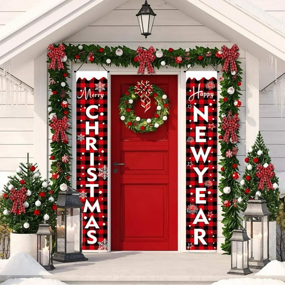 Lilgiuy Christmas Banner Porch Decorations, 2Pcs Christmas Door Banner, Indoor/Outdoor Christmas Decorations, Christmas Banners for Party Front Porch Fireplace Wall, 11.81 x 70.87 in, Red