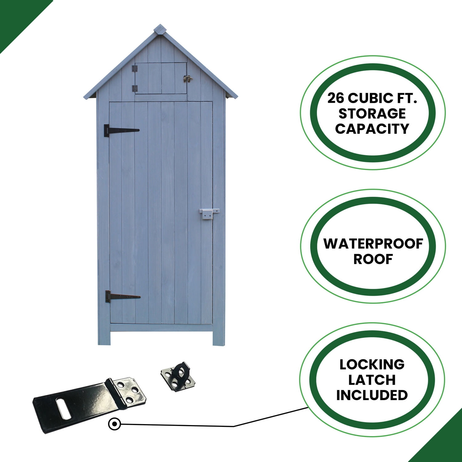 Hanover Outdoor Vertical Wooden Storage Shed for Tools, Equipment, Garden Supplies, with Shelf and Locking Latch, 8.7 cu. ft. Capacity - HANWS0102-GRY