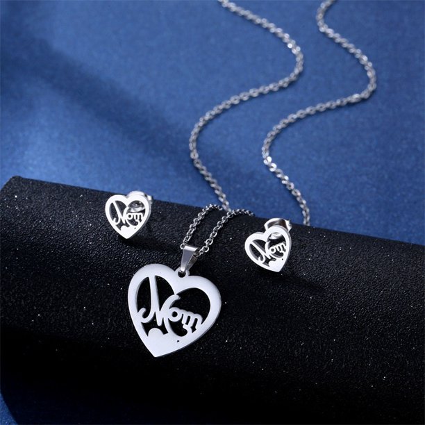 Luxury NEW Silver Color carnation MAMA Letter earring Necklace Set Love Heart Mom Daughter Figure Jewelry Set Mother's Day Gift Gao Jinjia LED