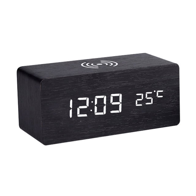 LED Wooden Alarm Clock with Sound Control Function for Wireless Charging Compatible Phone Charging
