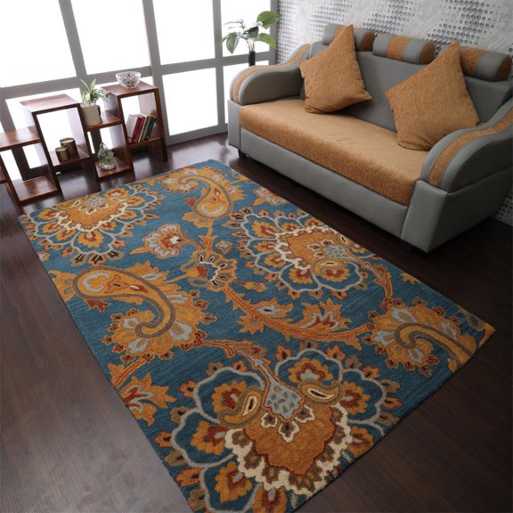 Rugsotic Carpets Hand Tufted Wool Eco-Friendly 3'x5' Rectangle Blue Floral Modern High Pile Thick Handmade Anti Skid Indoor Area Rug K00151