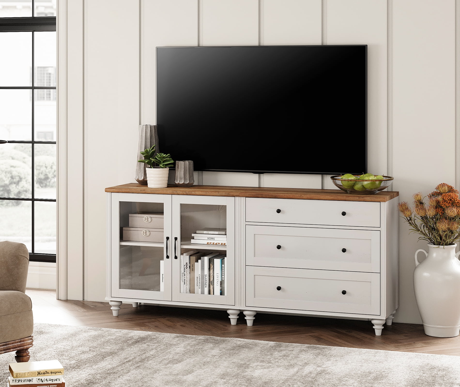 TV Stand for 75 Inch TV, 2-in-1 Wood TV Cabinet Entertainment Center Television Stands for Living Room, Sideboard Buffet Cabinet with Glass Door & Drawer for Kitchen, White