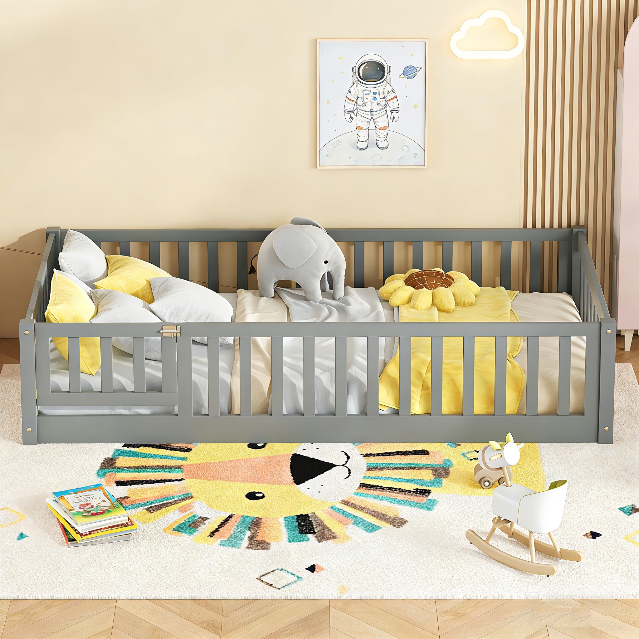 Bellemave Twin Size Floor Beds with Door, Wood Montessori Bed with Fence Railings & Support Slats, No Box Spring Needed (Gray)